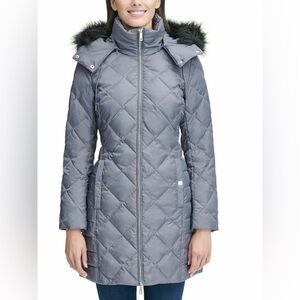 Kenneth Cole Reaction Women's Down Quilted Puffer Coat Faux Fur Hood Gray XL